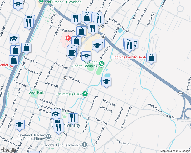 map of restaurants, bars, coffee shops, grocery stores, and more near 2141 Parker Street Northeast in Cleveland