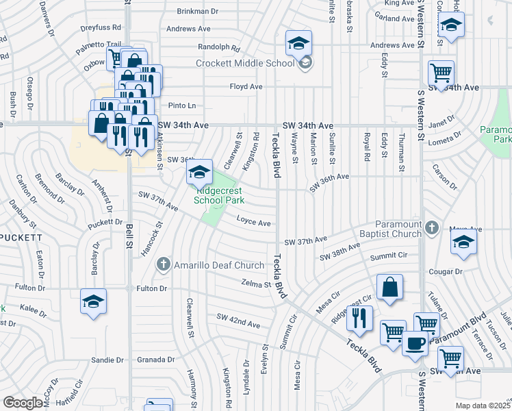 map of restaurants, bars, coffee shops, grocery stores, and more near 5210 Jean Avenue in Amarillo