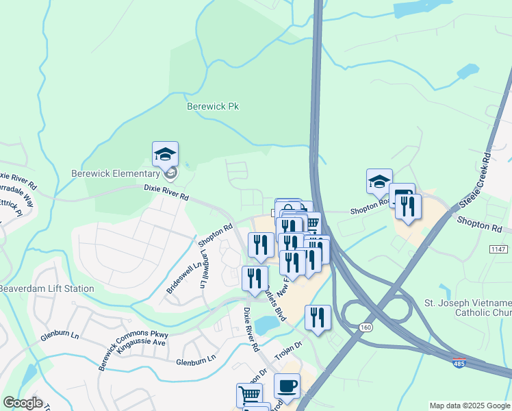 map of restaurants, bars, coffee shops, grocery stores, and more near 5500 Shopton Road in Charlotte