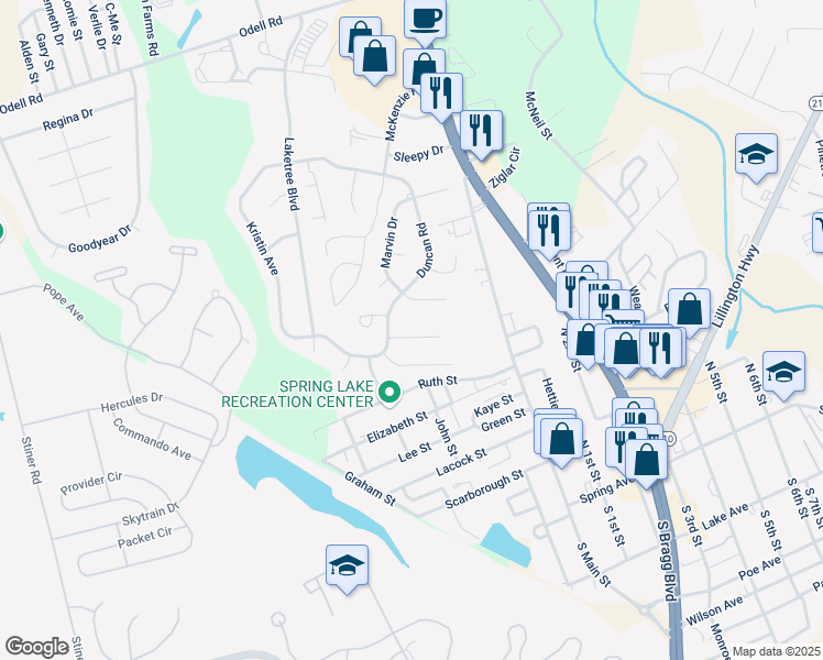 map of restaurants, bars, coffee shops, grocery stores, and more near 105 Dundee Lane in Spring Lake