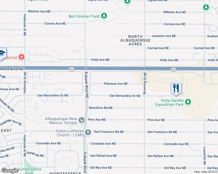 map of restaurants, bars, coffee shops, grocery stores, and more near 10700 Palomas Avenue Northeast in Albuquerque