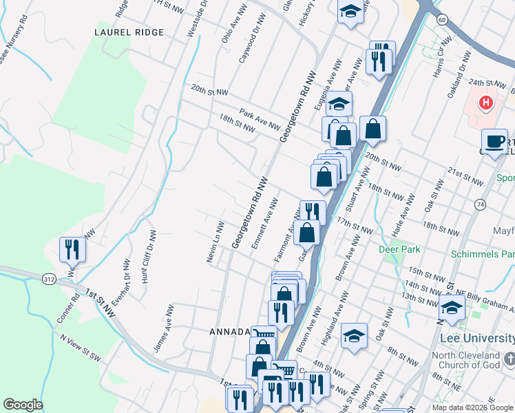 map of restaurants, bars, coffee shops, grocery stores, and more near 1102 Georgetown Road Northwest in Cleveland