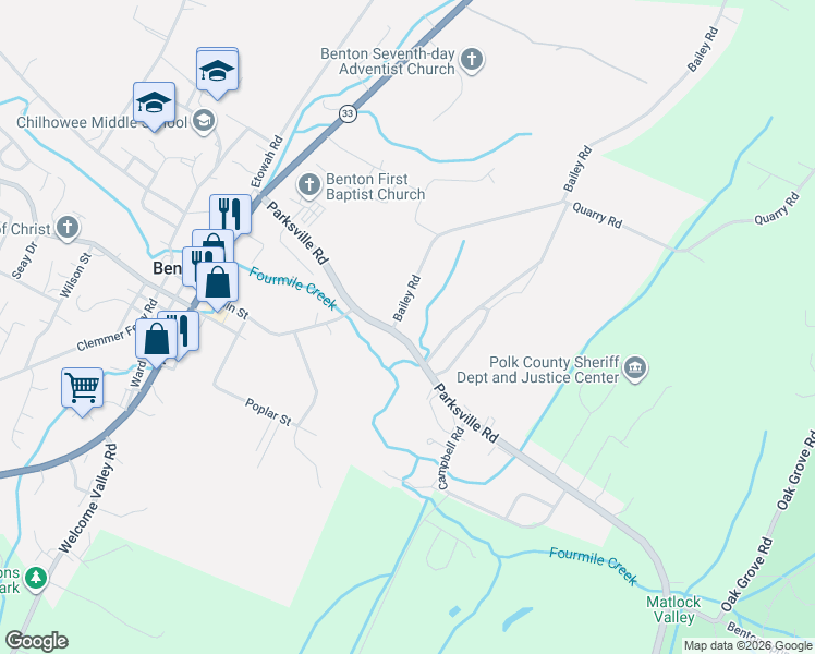 map of restaurants, bars, coffee shops, grocery stores, and more near 2359-2365 Parksville Rd in Benton