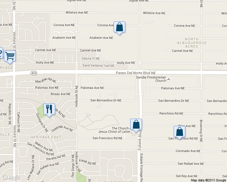 map of restaurants, bars, coffee shops, grocery stores, and more near 10009 San Bernardino Drive Northeast in Albuquerque