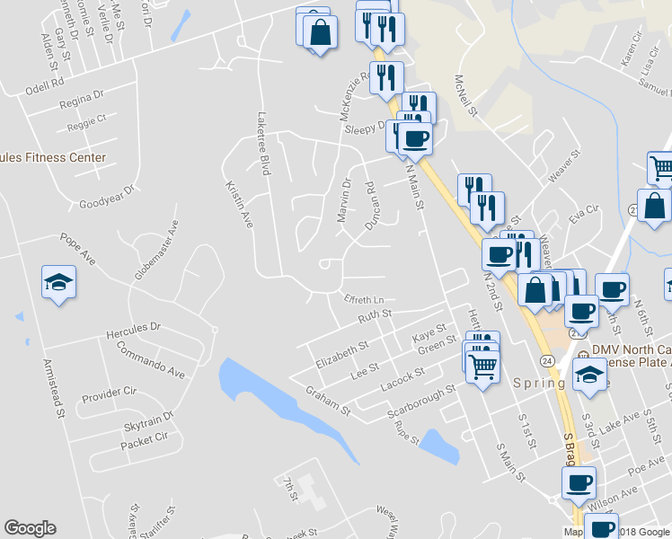 map of restaurants, bars, coffee shops, grocery stores, and more near 502 Duncan Road in Spring Lake