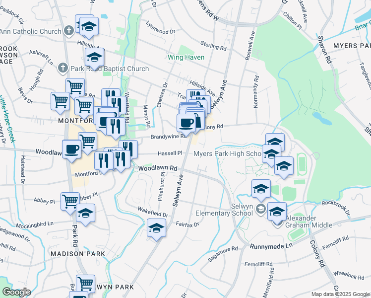 map of restaurants, bars, coffee shops, grocery stores, and more near 2988 Selwyn Avenue in Charlotte
