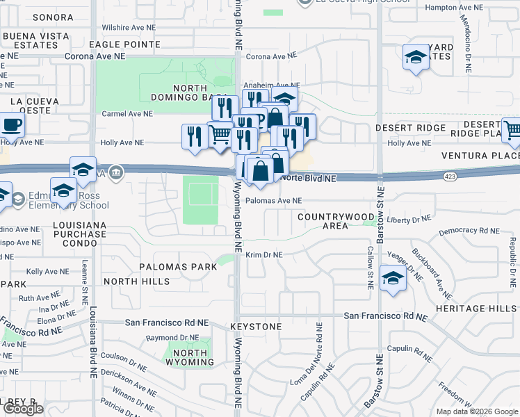 map of restaurants, bars, coffee shops, grocery stores, and more near 7933 Woodridge Drive Northeast in Albuquerque