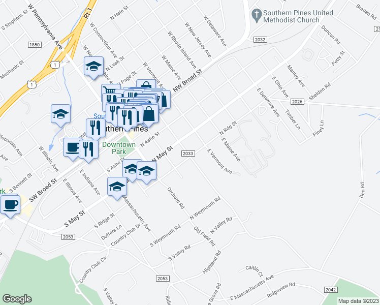 map of restaurants, bars, coffee shops, grocery stores, and more near 401-609 State Road 2033 in Southern Pines