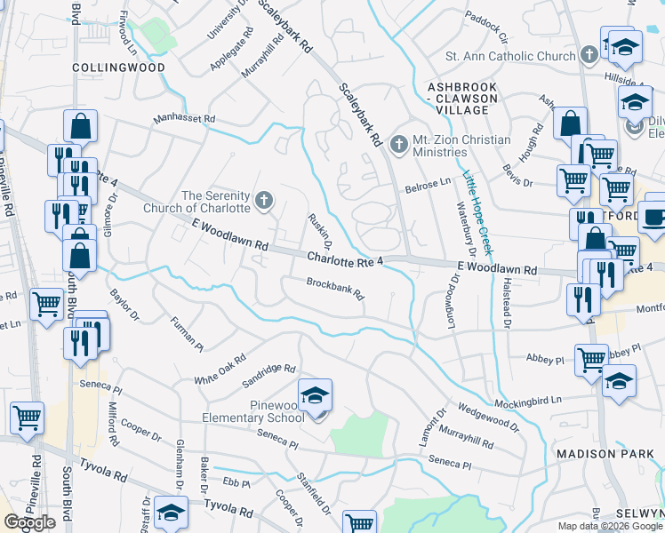 map of restaurants, bars, coffee shops, grocery stores, and more near 801 Brockbank Road in Charlotte