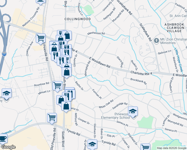 map of restaurants, bars, coffee shops, grocery stores, and more near 4746 Old Woods Road in Charlotte