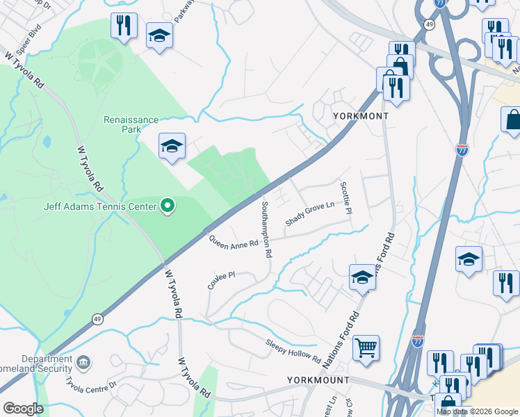 map of restaurants, bars, coffee shops, grocery stores, and more near 5327 South Tryon Street in Charlotte