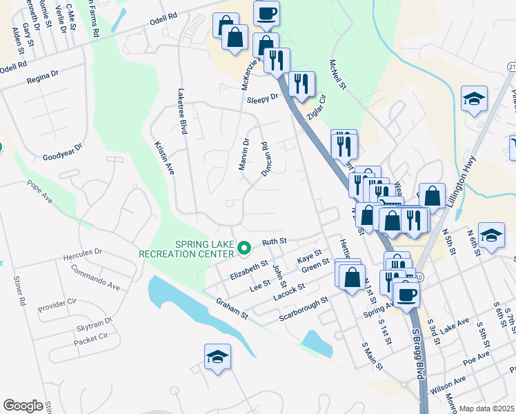 map of restaurants, bars, coffee shops, grocery stores, and more near 105 Dundee Lane in Spring Lake