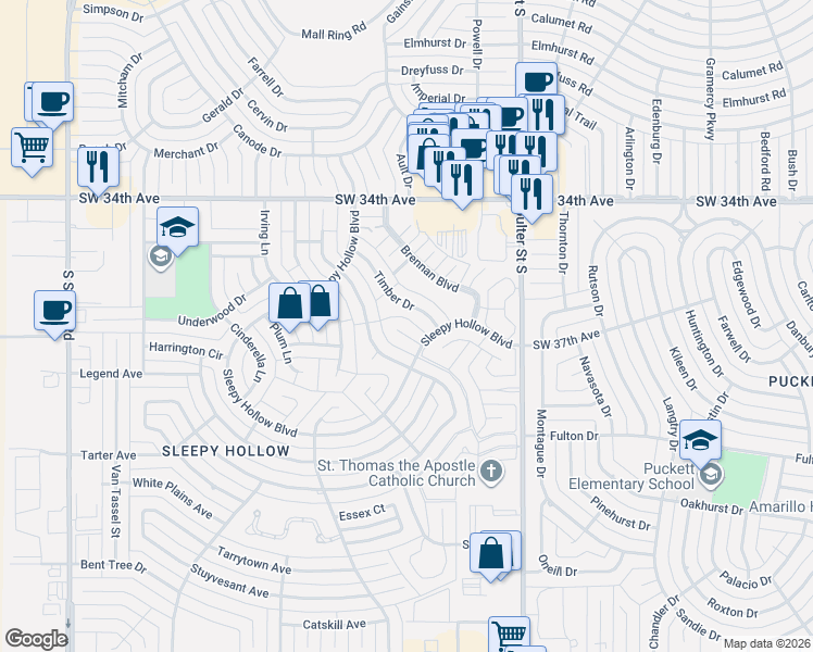 map of restaurants, bars, coffee shops, grocery stores, and more near 3532 Marsh Place in Amarillo