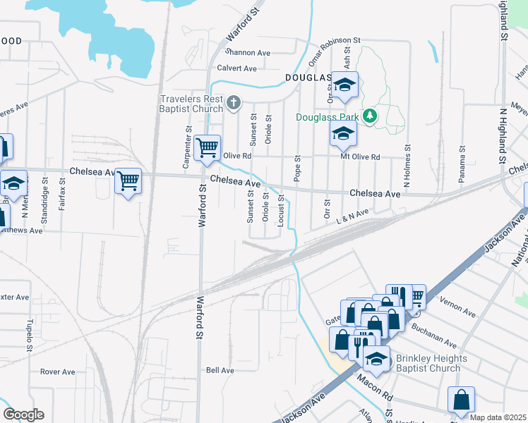 map of restaurants, bars, coffee shops, grocery stores, and more near 1447 Locust Street in Memphis