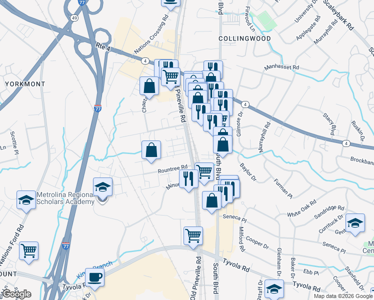 map of restaurants, bars, coffee shops, grocery stores, and more near 5046 State Road 1308 in Charlotte