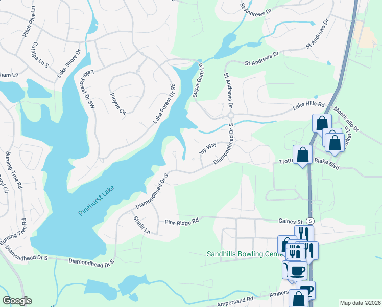 map of restaurants, bars, coffee shops, grocery stores, and more near 3 Sherwood Court in Pinehurst