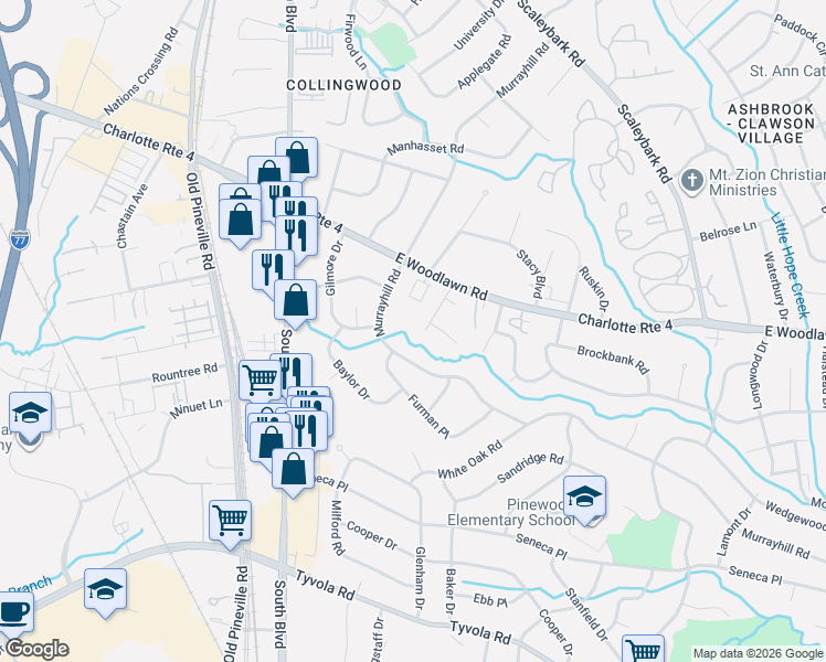 map of restaurants, bars, coffee shops, grocery stores, and more near 4746 Old Woods Road in Charlotte