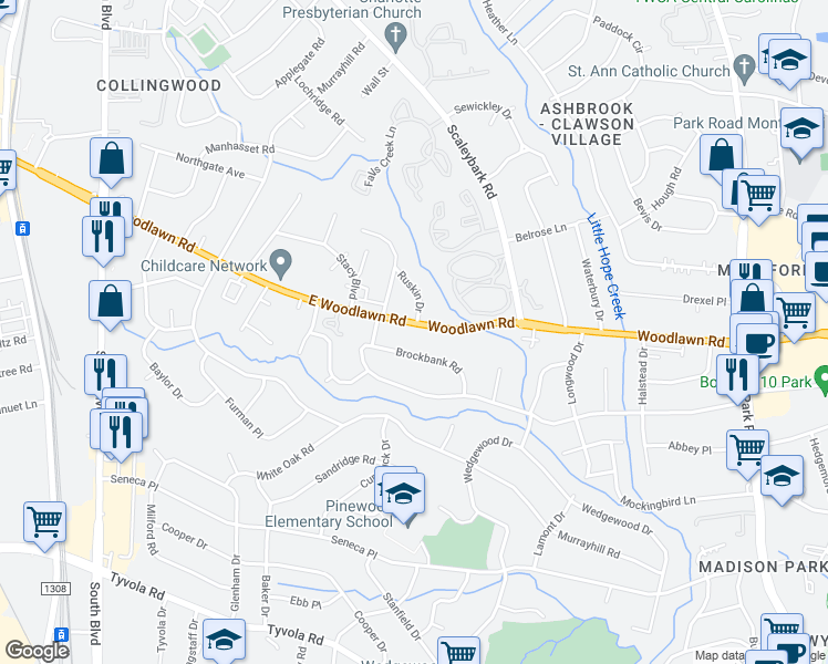 map of restaurants, bars, coffee shops, grocery stores, and more near 900 East Woodlawn Road in Charlotte