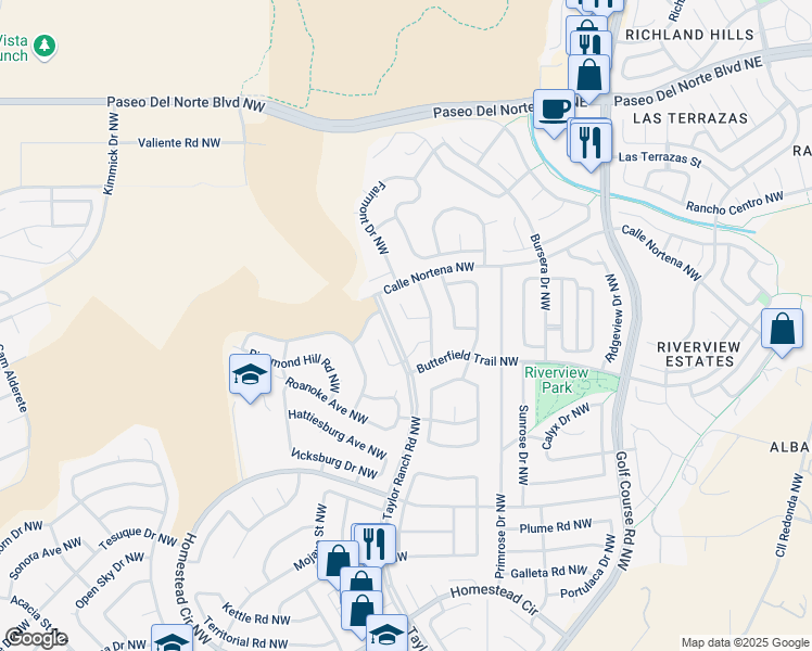 map of restaurants, bars, coffee shops, grocery stores, and more near 7831 Wagon Mound Court Northwest in Albuquerque