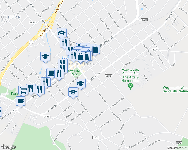 map of restaurants, bars, coffee shops, grocery stores, and more near 180 North May Street in Southern Pines