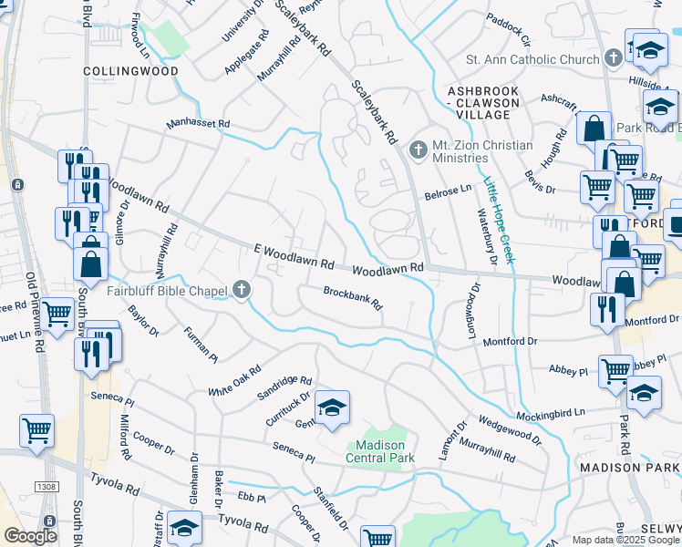map of restaurants, bars, coffee shops, grocery stores, and more near 900 East Woodlawn Road in Charlotte