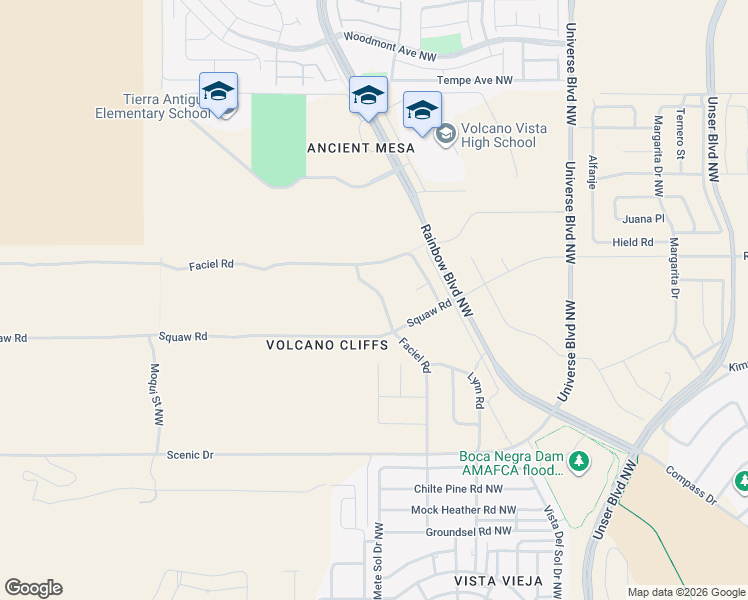 map of restaurants, bars, coffee shops, grocery stores, and more near Faciel Road in Albuquerque