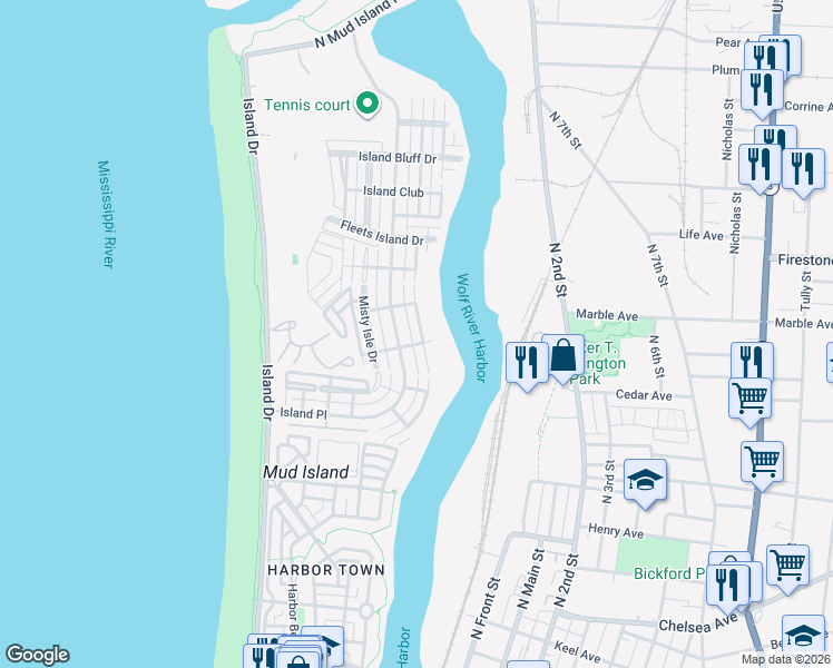 map of restaurants, bars, coffee shops, grocery stores, and more near 1155 Harbor River Cove in Memphis