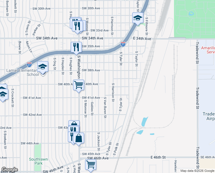 map of restaurants, bars, coffee shops, grocery stores, and more near 4011 South Van Buren Street in Amarillo