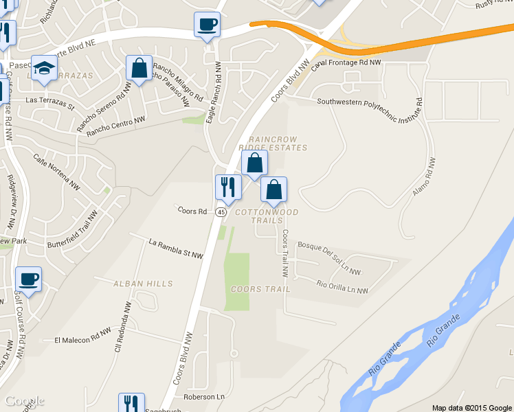 map of restaurants, bars, coffee shops, grocery stores, and more near 6619 Salt Cedar Trail Northwest in Albuquerque