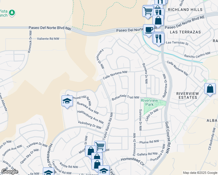 map of restaurants, bars, coffee shops, grocery stores, and more near 7831 Wagon Mound Court Northwest in Albuquerque