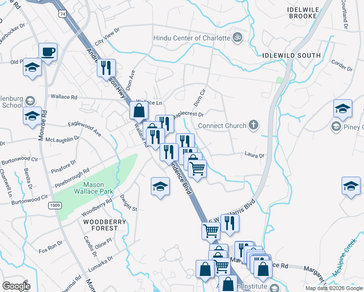 map of restaurants, bars, coffee shops, grocery stores, and more near 6541 East Independence Boulevard in Charlotte