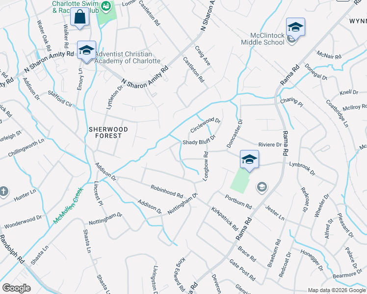 map of restaurants, bars, coffee shops, grocery stores, and more near 5427 Doncaster Drive in Charlotte