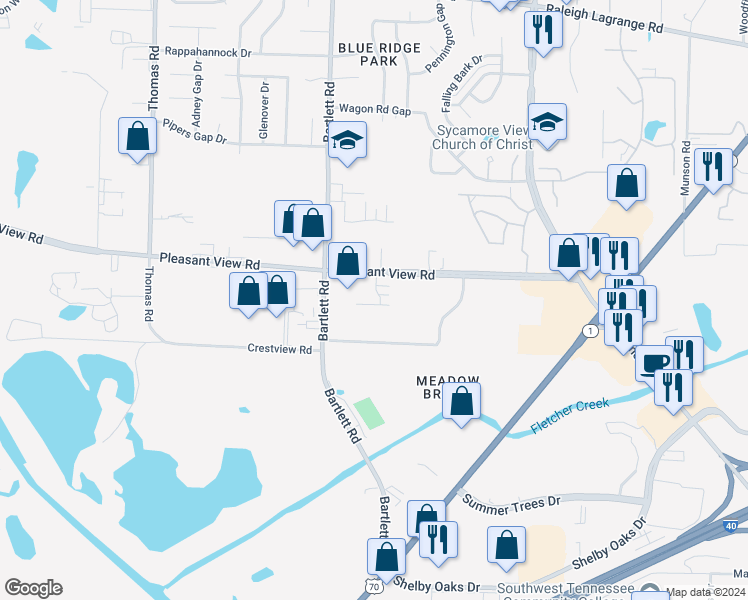 map of restaurants, bars, coffee shops, grocery stores, and more near 5548 Massey Station Road in Memphis