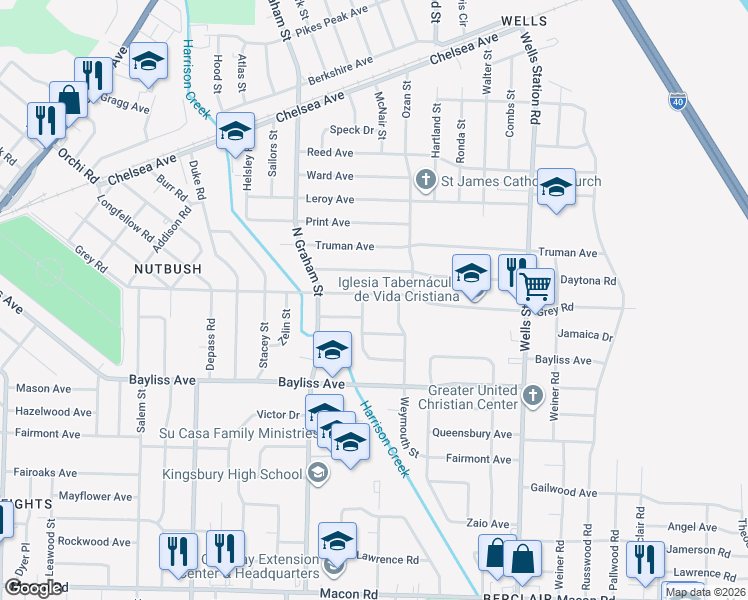 map of restaurants, bars, coffee shops, grocery stores, and more near 1474 Luverne Street in Memphis