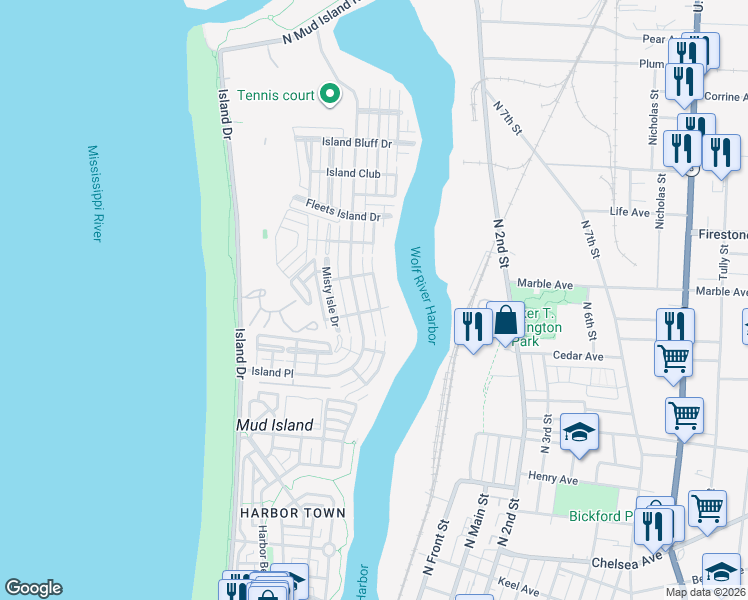 map of restaurants, bars, coffee shops, grocery stores, and more near 1155 Harbor River Cove in Memphis