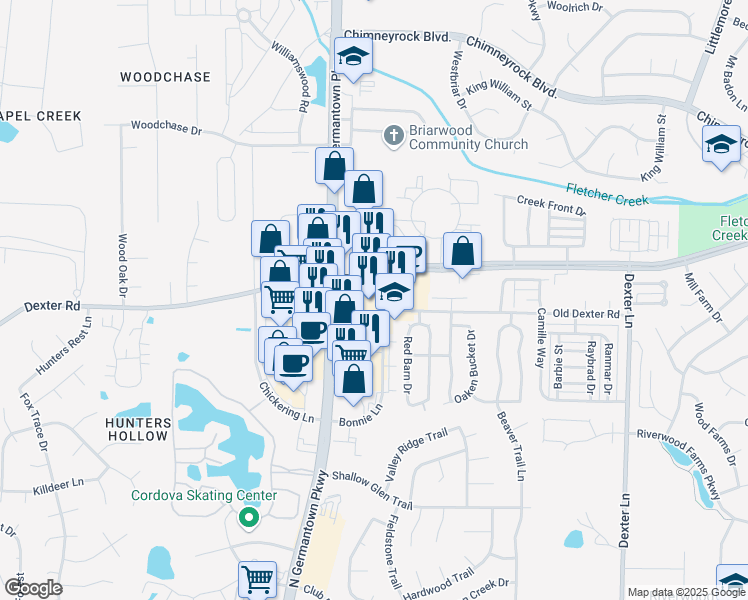 map of restaurants, bars, coffee shops, grocery stores, and more near 1695 Bonnie Lane in Memphis