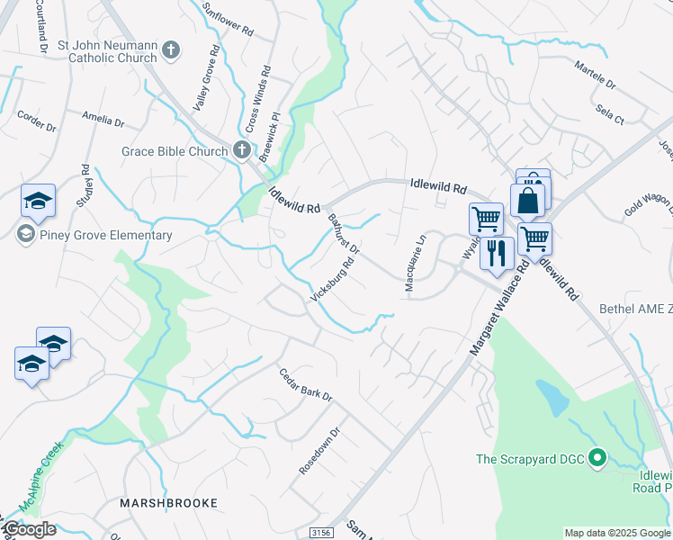 map of restaurants, bars, coffee shops, grocery stores, and more near 8906 Vicksburg Road in Charlotte
