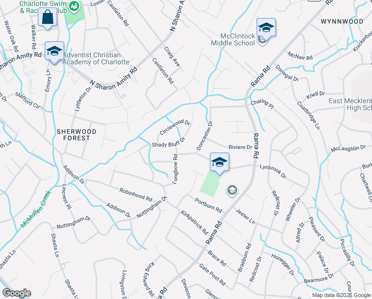 map of restaurants, bars, coffee shops, grocery stores, and more near 1335 Lynbrook Drive in Charlotte