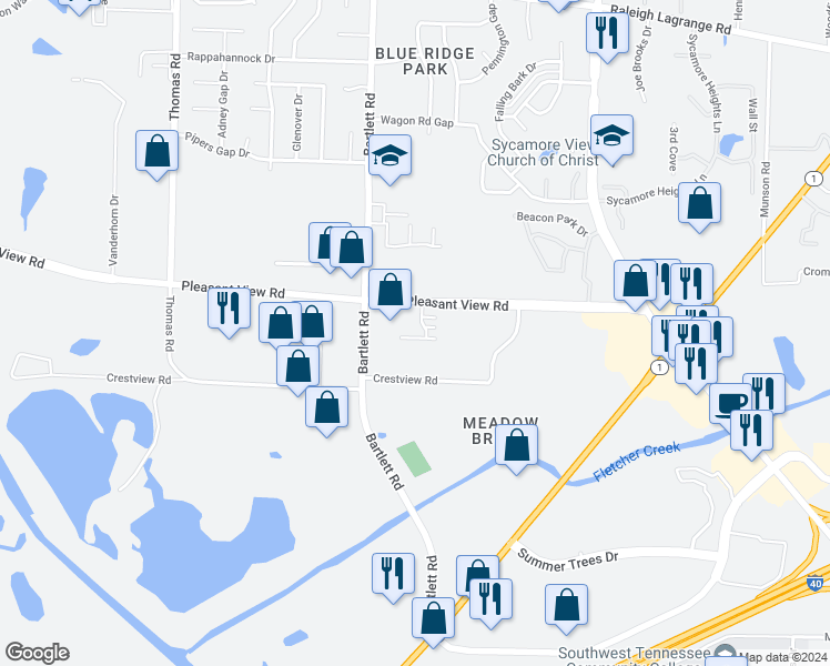 map of restaurants, bars, coffee shops, grocery stores, and more near 5548 Massey Station Road in Memphis