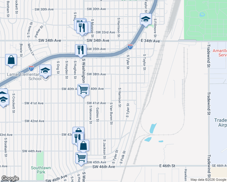 map of restaurants, bars, coffee shops, grocery stores, and more near 4011 South Van Buren Street in Amarillo