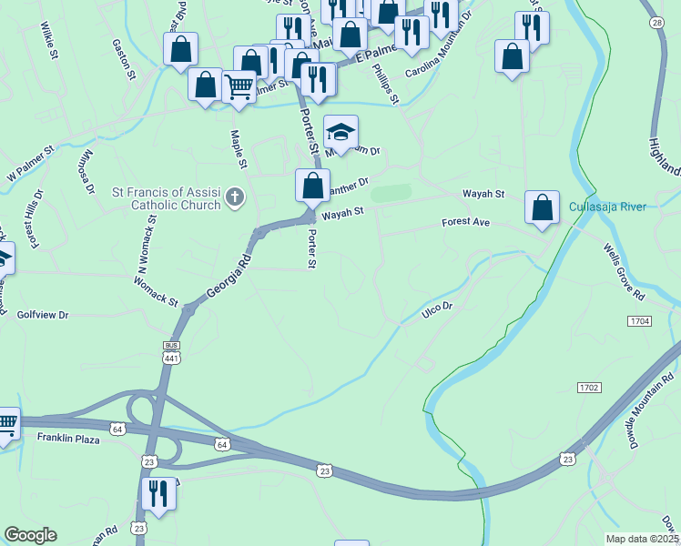map of restaurants, bars, coffee shops, grocery stores, and more near Hillcrest Circle in Franklin