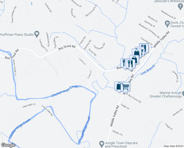 map of restaurants, bars, coffee shops, grocery stores, and more near 6936 Love Lane in Middle Valley