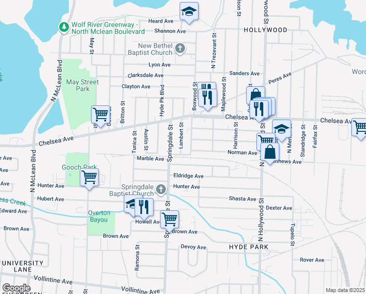 map of restaurants, bars, coffee shops, grocery stores, and more near 1311 Boxwood Street in Memphis