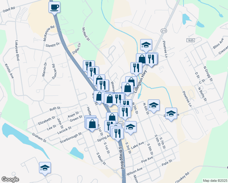 map of restaurants, bars, coffee shops, grocery stores, and more near 300 Weaver Street in Spring Lake