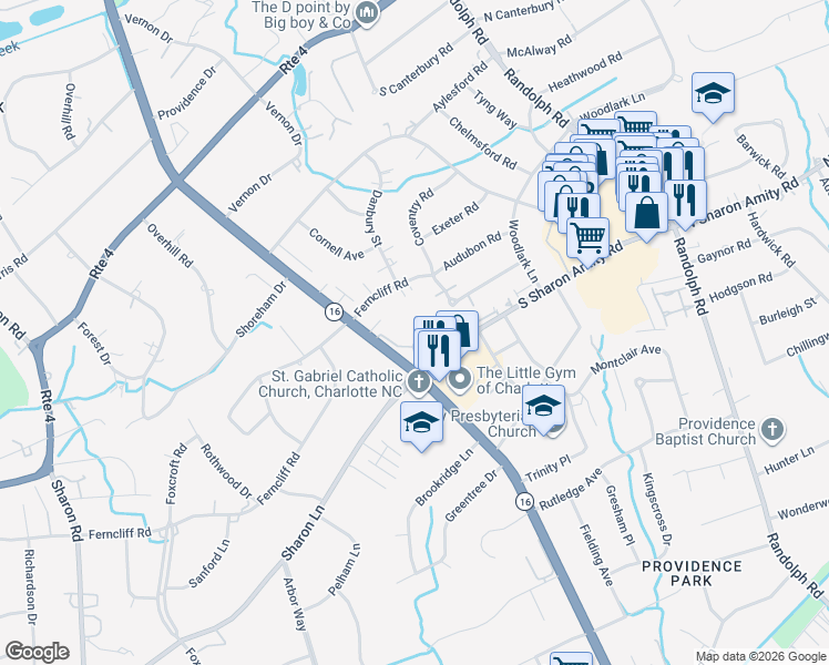 map of restaurants, bars, coffee shops, grocery stores, and more near 2823 Providence Road in Charlotte