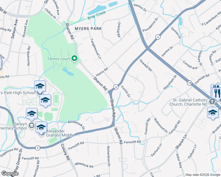 map of restaurants, bars, coffee shops, grocery stores, and more near 2125 South Wendover Road in Charlotte