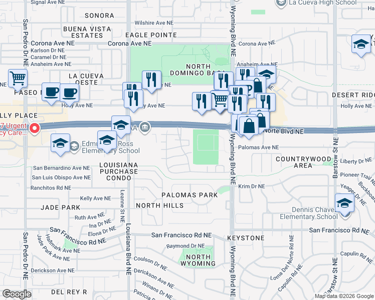 map of restaurants, bars, coffee shops, grocery stores, and more near 7305 Bobwhite Lane Northeast in Albuquerque