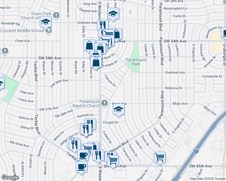 map of restaurants, bars, coffee shops, grocery stores, and more near 4000 Mays Avenue in Amarillo