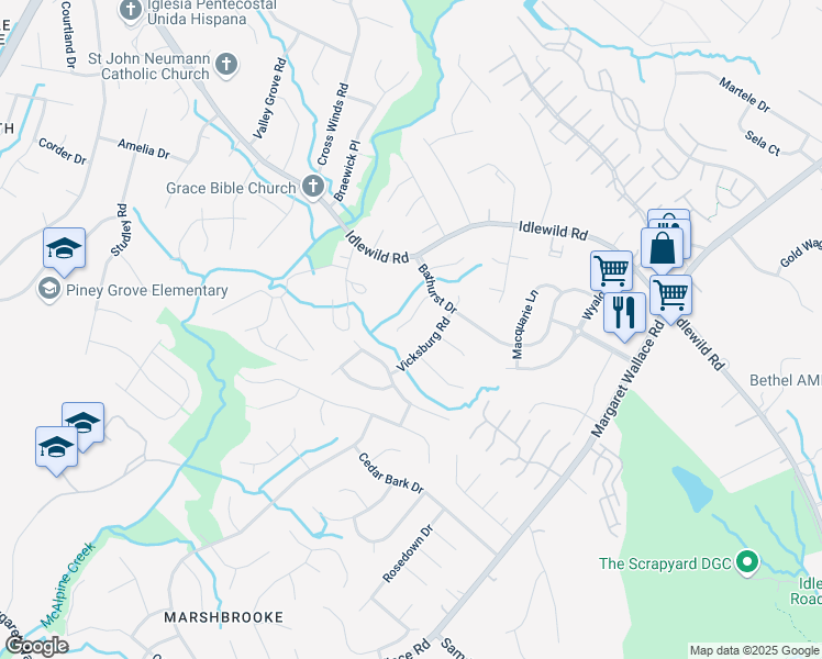 map of restaurants, bars, coffee shops, grocery stores, and more near 8906 Vicksburg Road in Charlotte