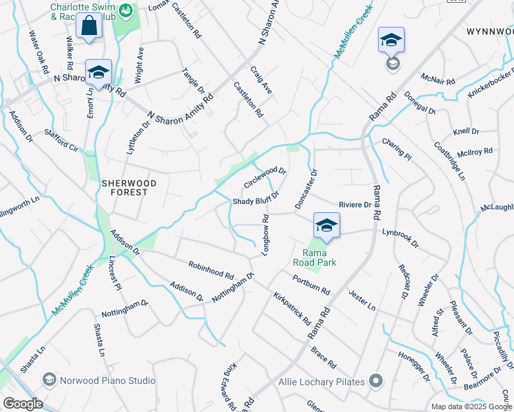 map of restaurants, bars, coffee shops, grocery stores, and more near 910 Longbow Road in Charlotte